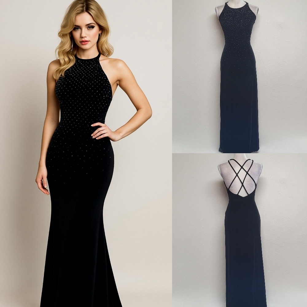 80s Vintage Jump Black Velvet Cascading Metallic Swiss Dot Strappy Maxi Dress 6